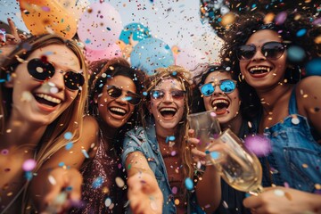 Celebrating summer with friends outdoors, tossing confetti in the air
