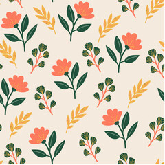 Abstract seamless botanical pattern with bright plants and flowers on a beige background. Seamless botanical pattern with plants. Beautiful exotic plants.  
