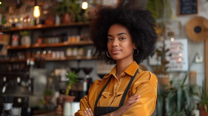 African American young woman stands at the entrance of her shop, an adult is waiting for customers at a coffee shop, and a successful business owner is wearing an apron