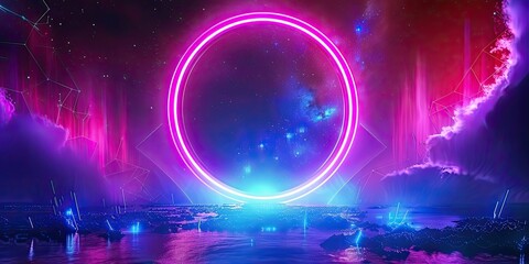 a image of a futuristic landscape with a neon circle