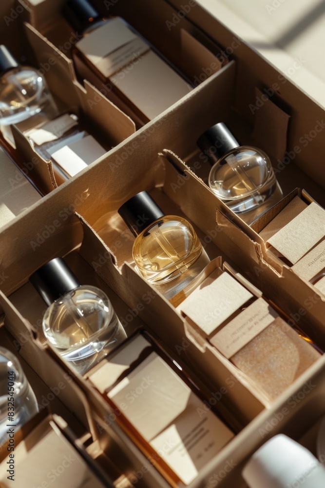 Poster A box filled with many perfume bottles, great for background or decorative use