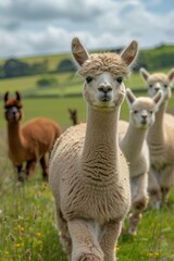 A group of llamas grazing in a green meadow