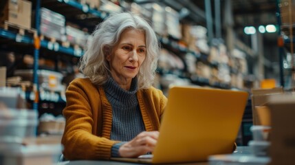 A senior woman entrepreneur in a mail delivery warehouse uses his laptop to confirm an online drop shipping logistics businesses e-commerce package order.