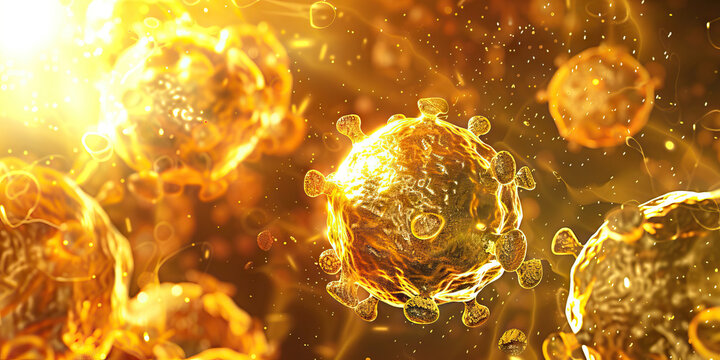 Golden Autoimmune Disorder Cells: High-resolution view of golden-hued animal immune cells attacking healthy tissues, illustrating autoimmune disease mechanisms