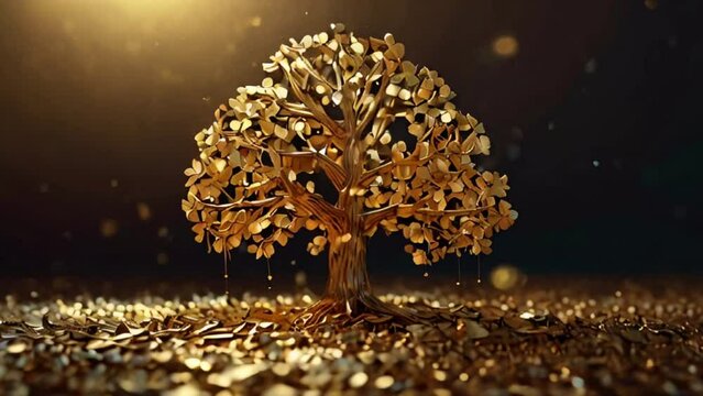 Golden Tree with Glowing Light and Falling Particles
