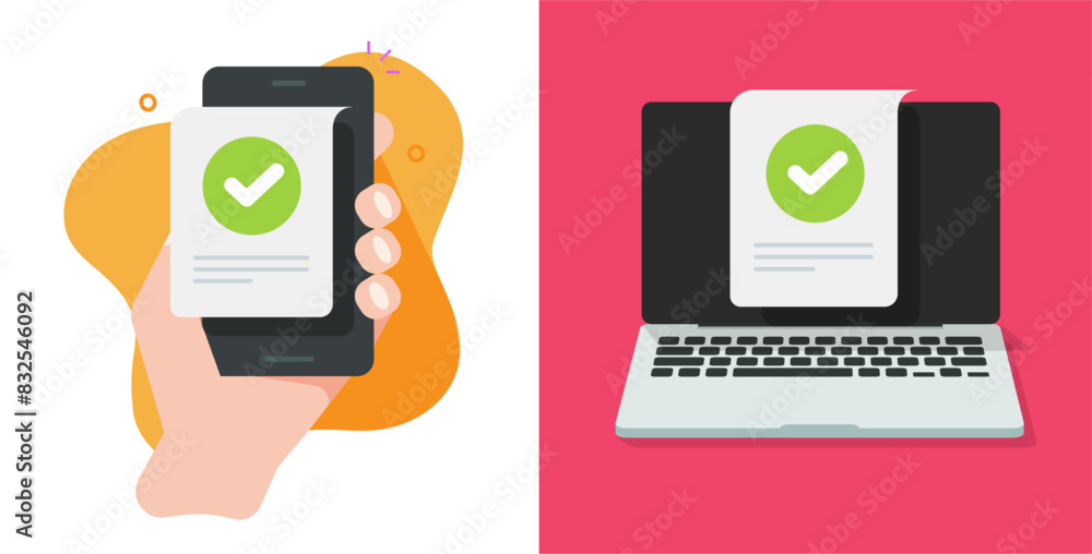 Poster cell phone valid updated check mark icon vector graphic illustration, cellphone and computer laptop 