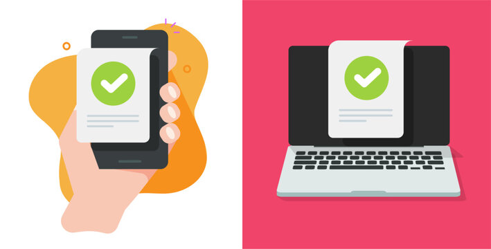 Cell phone valid updated check mark icon vector graphic illustration, cellphone and computer laptop vote checkmark tick as accept poll badge, checkout or payment complete idea image clip art