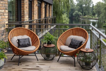 Cozy Balcony with Rattan Chairs Overlooking Serene Riverside and Cityscape