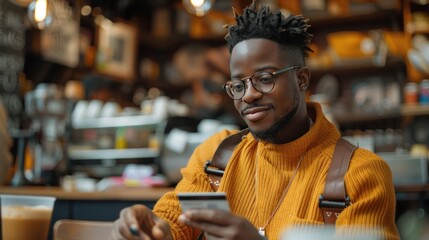 Customer African American male paying with contactless credit card in cozy coffee shop interior