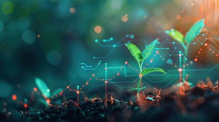 A concept for growing crops with holographic infographics data representation line graphs Plant saplings growing with holographic infographic data representation lines