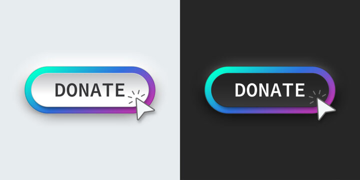 3D Donate button. Click the button donate for donation and charity.  Neumorphic, Neumorphism style. Black and white, vector illustration.