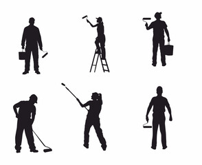 House painter silhouette collection.  Group of maintenance paint worker in different pose.  