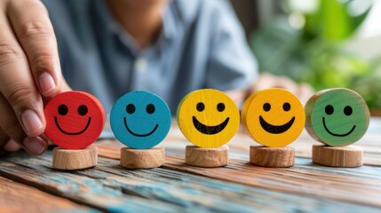 Business satisfaction survey concept Hand of a businessman chooses a smile face on a wood block circle 5 Star Satisfaction