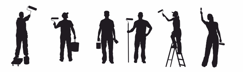 House painter silhouette collection.  Group of maintenance paint worker in different pose.  