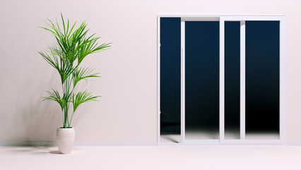 part of the room with a big window and a plant, 3d