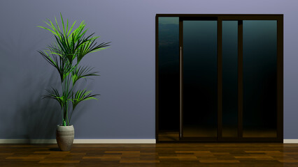 part of the empty room with a window and a plant, 3d