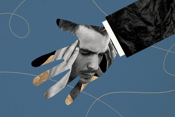Composite photo collage of hand palm inside upset guy hold head migraine depression melancholy mood...