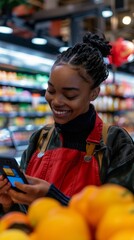 Fototapeta premium Young African-American Woman Using Mobile Payment App in Grocery Store, Bright Modern Setting with Evening Ambiance, Smiling Positively