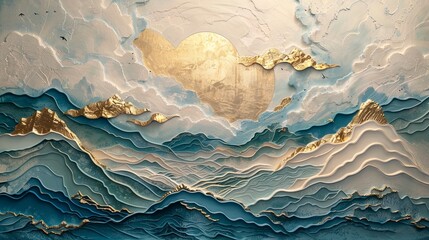 The great big wave of Kanagawa painting reproduction. Old Japanese artwork. Volumetric sea waves.