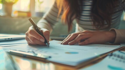 A close-up of a person's hands holding a pen, signing a contract, or taking notes can be used to demonstrate dedication and action in the business world.