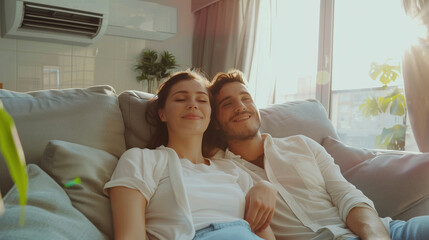 Young Lovely Couple Sitting Together on Sofa | Embracing together in Modern Living Room, Relaxing in New Apartment with Air Conditioner
