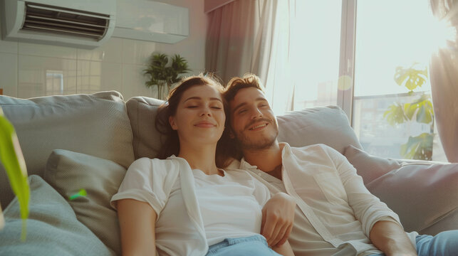 Young Lovely Couple Sitting Together on Sofa | Embracing together in Modern Living Room, Relaxing in New Apartment with Air Conditioner