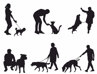 set of people playing with dogs vector silhouette.