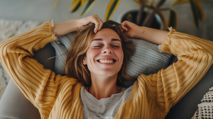 Fototapeta premium Young Mature Caucasian Woman Relaxing on Sofa | Day Off, Leisure and Comfort at Home