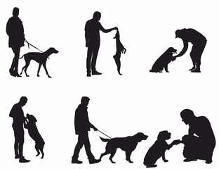 silhouette of people walking with dogs and jogging. 