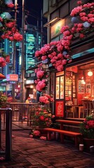 night scene in asian city, street with spring flowers