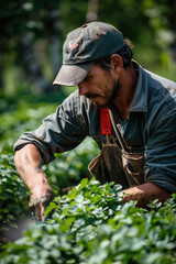 Fototapeta premium Farmer Inspecting Plants in Field.