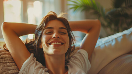 Fototapeta premium Young Mature Caucasian Woman Relaxing on Sofa | Day Off, Leisure and Comfort at Home