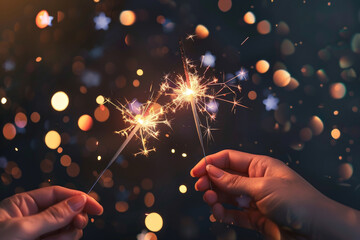 Festive Independence Day Celebration: Hands Holding Sparklers with American Flags Vector Illustration