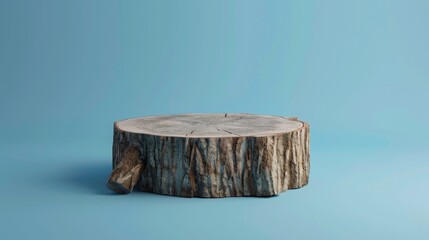 Fototapeta premium Wooden tree trunk cut cross-section with visible growth rings on a blue background, showcasing natural texture and pattern