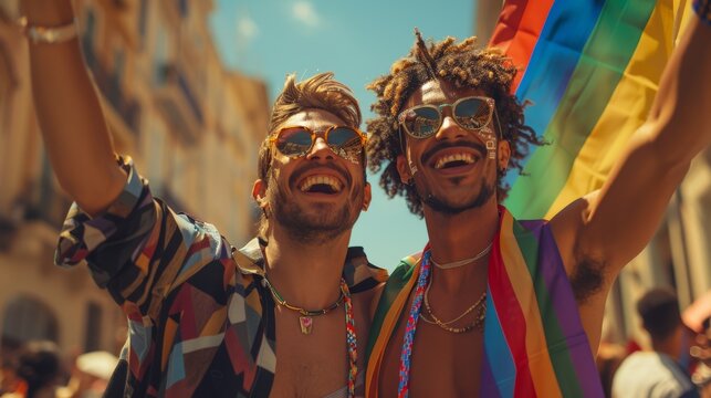 An LGBT rights activist waving a rainbow flag during the LGBT parade gay couples or male-to-male couples waving rainbow flags There is diversity among homosexuals in the gay and lesbian community