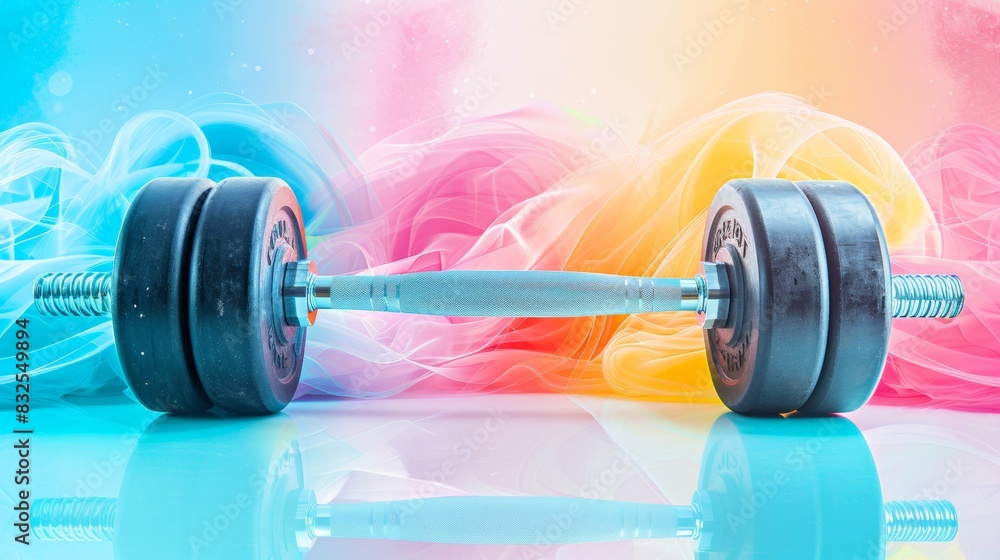 Poster Vibrant Abstract Strength Training Concept with Colorful Weights and Dynamic Lines