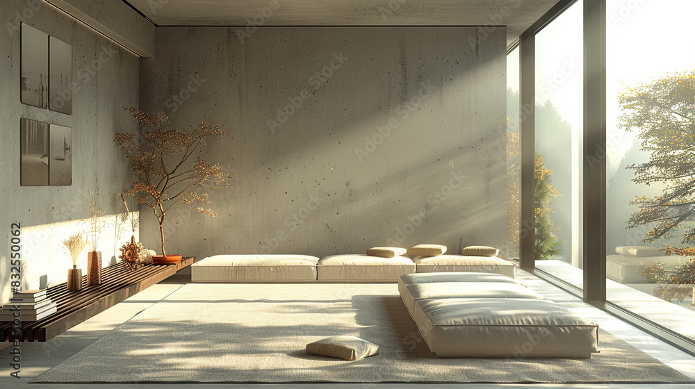 Wall mural Modern minimalist design with sleek furniture, clean lines, and neutral tones creating a serene atmosphere. - Wall murals
