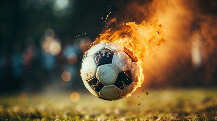 Fototapeta premium soccer ball engulfed in flames streaks across a sunny outdoor field. The blurred background indicates the speed and intensity of the match