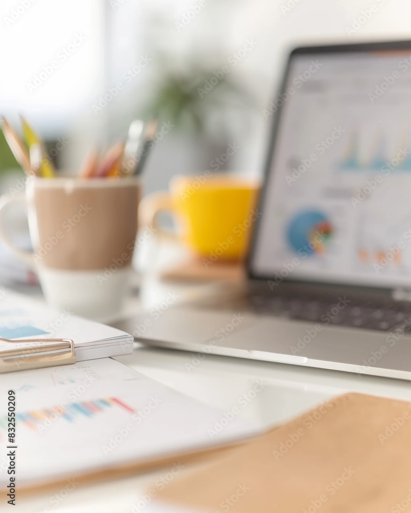 Poster financial planning and analysis in modern workspace: laptop displaying graphs, notepad, and coffee o