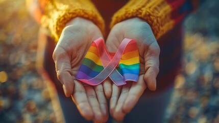 A close-up of a gay woman holding a rainbow ribbon, symbolizing their commitment to the LGBT community Gay people campaign for LGBT rights