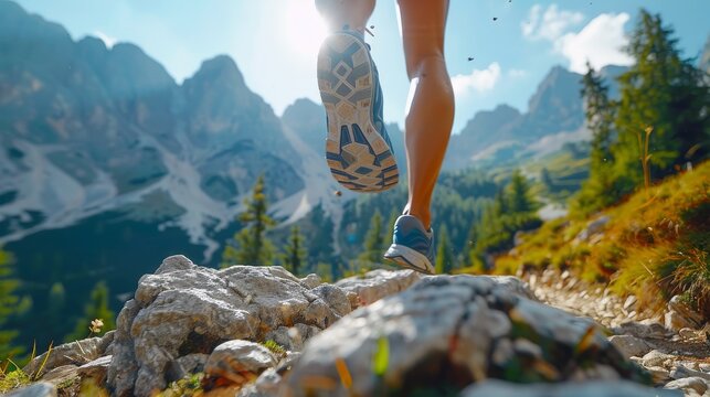 Trail runner jumping over rocks. The scene is one of raw energy and athleticism, with the runner's muscles tense and poised for action