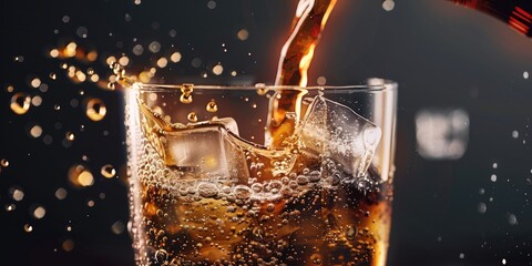 a image of a glass of soda being poured with ice