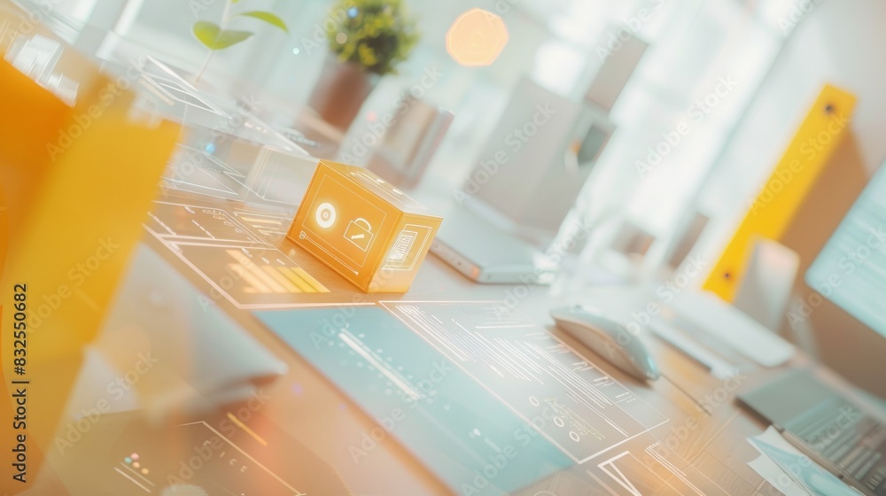 Poster vibrant financial security office setting with focus on modern technology and trust elements