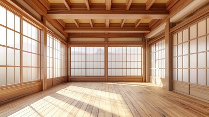 Obraz premium Empty traditional Japanese room featuring sliding wooden shoji doors and natural timber flooring set against a soft morning light.