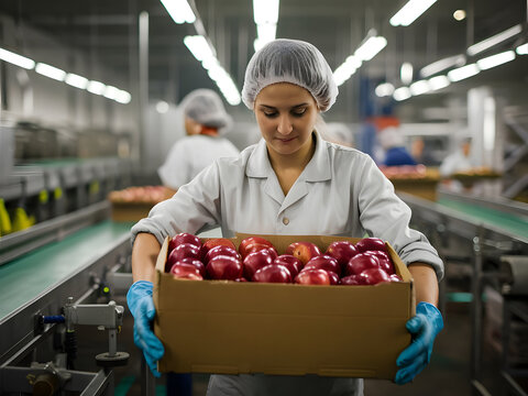 Mujer sostiene una caja de manzanas org&aacute;nicas en un dep&oacute;sito