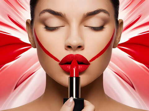 Mujer utilizando l&aacute;piz labial rojo