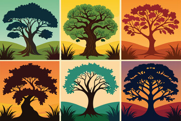 Set of Oak Tree Silhouette Illustration Detail and Natural vector