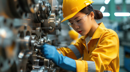 Asian woman working with precision in an industrial environment.