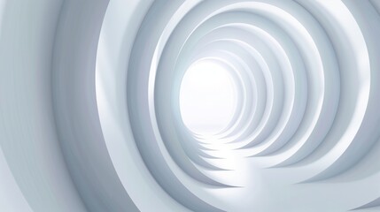 Minimalist white abstract background with 3D illusions of layered circles and soft lighting effects.