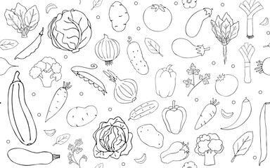 Vegetables contour drawing. Seamless pattern, isolated. Black outline drawing on white. Hand-drawn vegetable background for paper, cover, textile, dishes, interior decor.